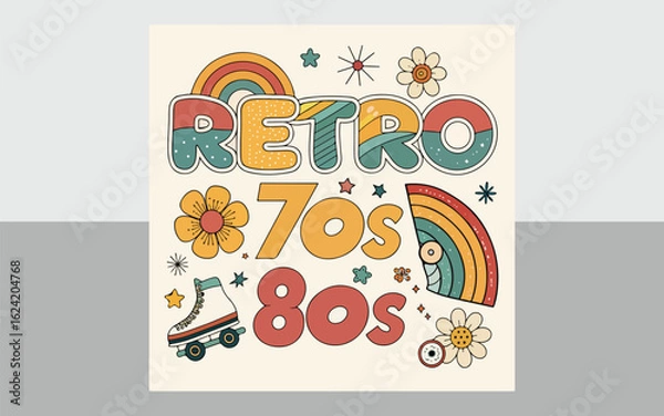 Fototapeta Playful Retro 70s 80s Sticker Graphics – Vibrant Vintage Aesthetic for Trendy Designs