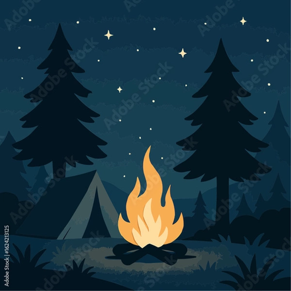 Fototapeta Vector illustration of a decorated Christmas tree with burning candles in a snowy winter forest at night