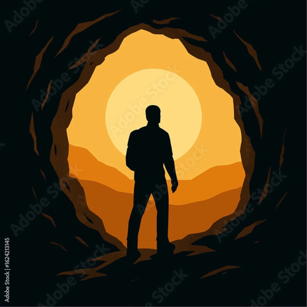 Fototapeta A businessman's dark silhouette stands in a forest, his body a shadow against the sunset sky