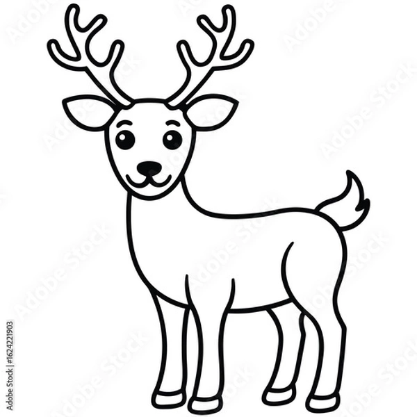 Fototapeta Outline Drawing of Standing Deer with Antlers, Tail, and Smiling Face