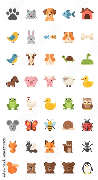 Fototapeta A collection of cartoon animal icons, including mammals, birds, reptiles, insects, and fish, arranged in a grid pattern on a white background.