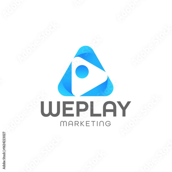 Fototapeta Modern blue logo with abstract play button for social media marketing, digital promotion, and video-based services. Ideal for startup, tech, or online branding use.