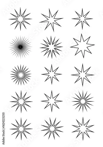 Obraz A collection of stylized starburst and sunburst graphic elements, presented in a grid format on a white background.