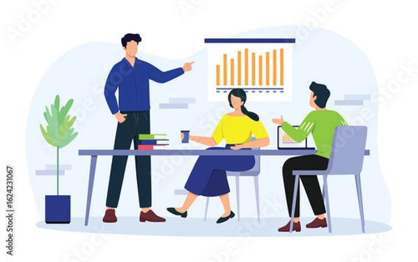 Obraz Business team concept. Business meeting, flat people on presentation conference illustration. A group of diverse people leading a discussion at a table near a whiteboard with charts and graphs. 