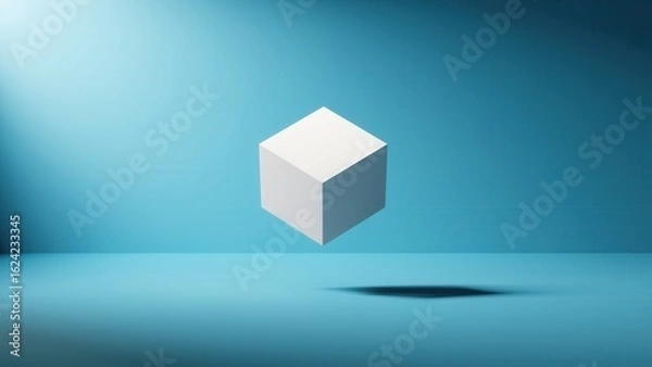 Fototapeta Floating White Cube on Blue Backdrop