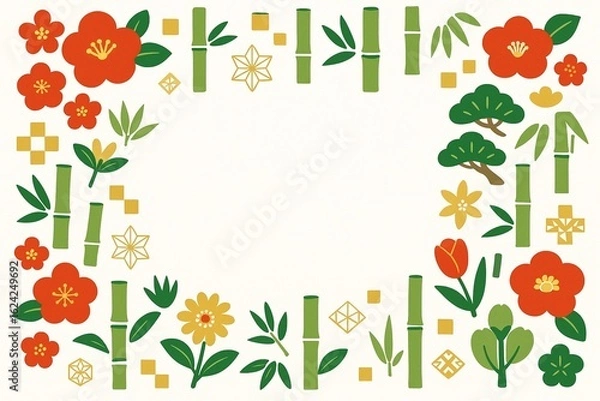 Obraz 梅や松竹が彩る和風で落ち着いた日本らしさのある背景イラスト