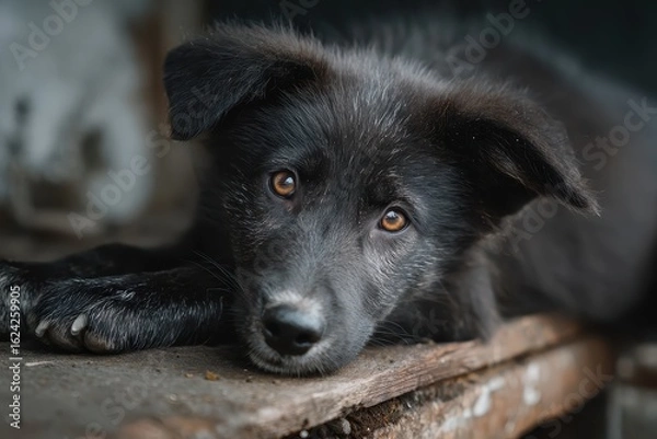 Fototapeta Rescue needed for a cute black dog with sad eyes resting on a wooden surface in an urban environment, seeking warmth and companionship in the late afternoon light