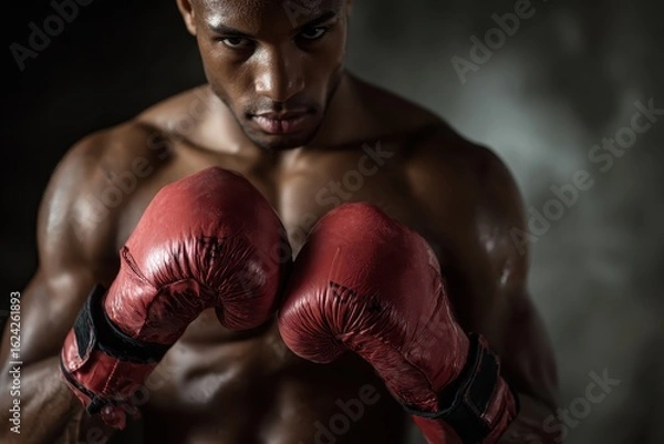 Fototapeta Muscular young boxer demonstrating strength and focus while wearing red boxing gloves in a dramatic training setting indoors