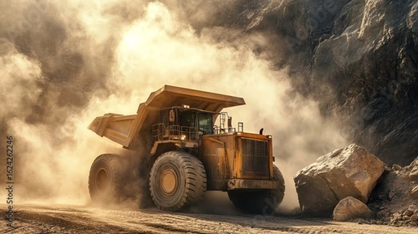 Fototapeta A powerful mining loader in a limestone quarry lifting