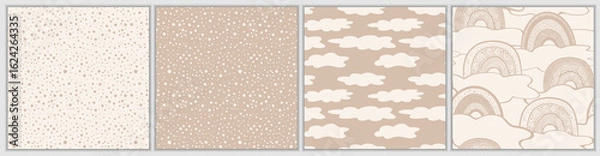 Obraz Set of simple seamless patterns. Hand drawn ornaments. Polka dot background. Clouds and rainbow print. Vector illustration.