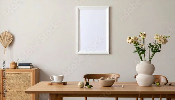 Obraz Stylish Scandinavian Dining Room Interior with White Mockup Poster Frame