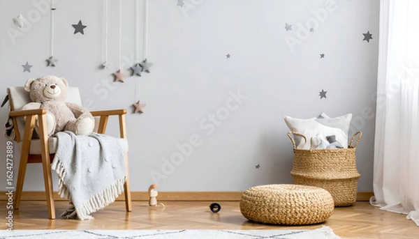Fototapeta Stylish Scandinavian Nursery Decor with Teddy Bear and Toys