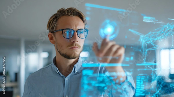 Fototapeta Innovative young manager interacting with holographic data display in modern office environment