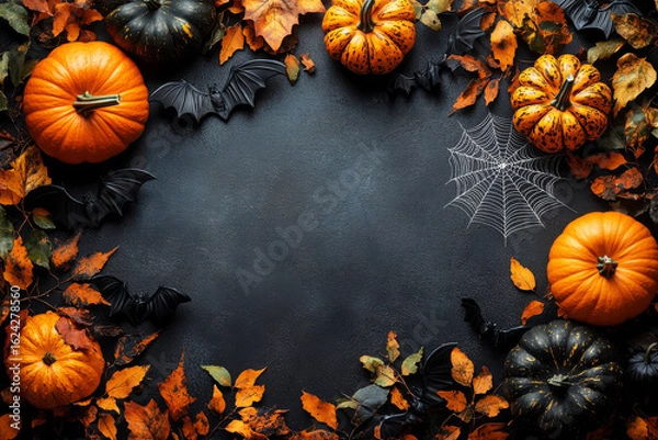 Fototapeta Black and orange pumpkins are scattered with bats and a silver spider web across the top, creating a spooky atmosphere on a dark background, perfect for Halloween event