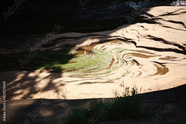 Fototapeta Shallow stream bed, sunlight patterns, and shadows