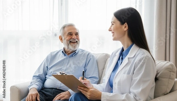 Fototapeta Patient consultation with healthcare professional home setting medical interaction warm environment friendly viewpoint