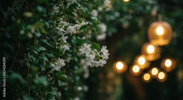 Fototapeta Delicate White Flowers Surrounded by Glowing String Lights in a Serene Garden Setting at Night