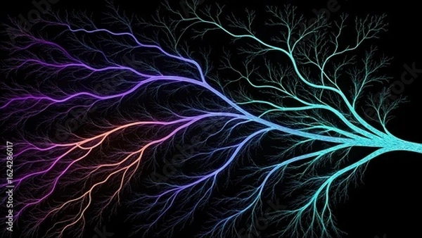 Fototapeta Abstract Wave Line Network
A black background features flowing, interweaving colored lines (starting in purple, transitioning to blue and cyan) that spread and branch out at the right. 