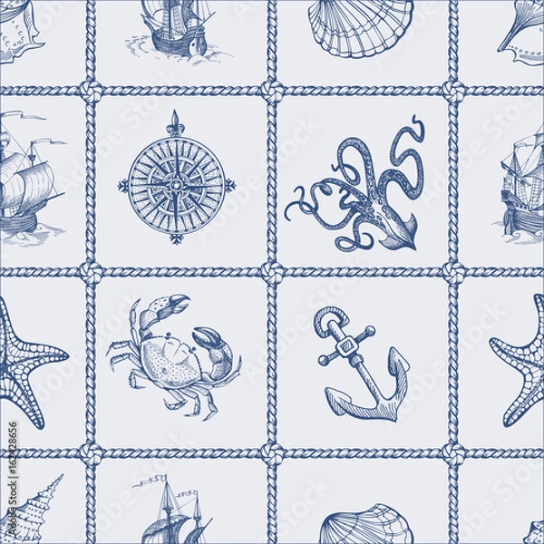 Fototapeta Seamless vector pattern on sea theme. Can be used for textiles, wrapping paper, interior decoration. Old caravel, vintage sailboat, anchor, starfish, seashells.