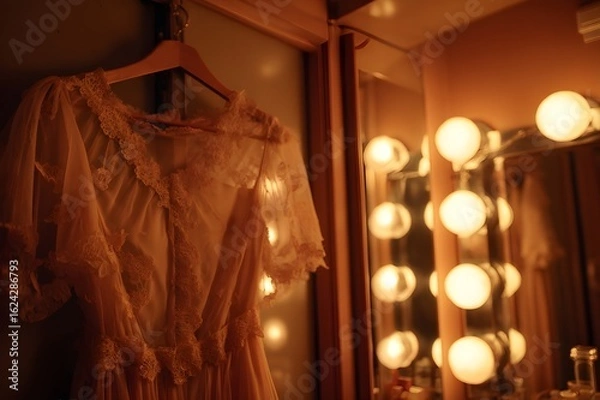 Fototapeta Delicate vintage dresses hang in a retro Hollywood dressing room, bathed in warm golden light. A mirror with a soft, round light bulb is nearby