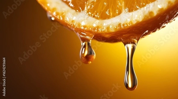 Obraz Dripping orange slice with glistening juice droplets against a w