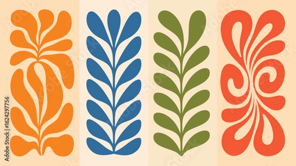 Fototapeta Colorful Retro Floral Pattern Featuring Orange, Blue, Green, and Red Botanical Illustrations on Beige