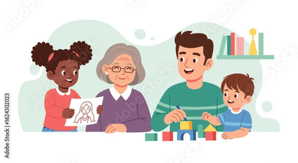 Fototapeta Happy multigenerational family playing together, perfect for family blogs, websites, or brochures.