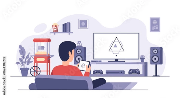 Fototapeta Man relaxing at home, using tablet, watching TV, perfect for blogs about home entertainment or leisure time.