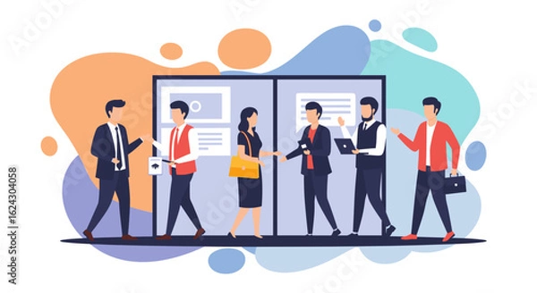 Fototapeta Diverse business people networking at a conference or trade show. Ideal for websites, brochures, and presentations.