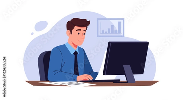 Fototapeta Businessman working at computer, perfect for website banners, presentations, or marketing materials.