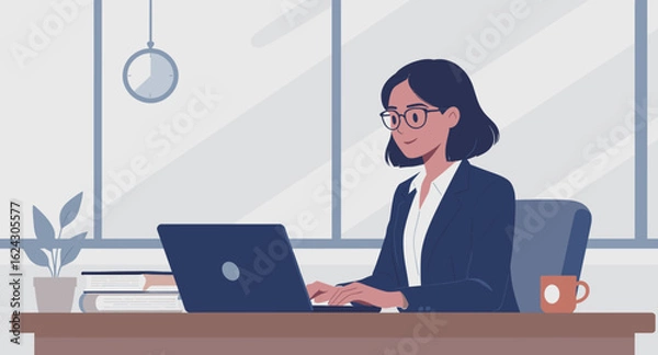 Fototapeta Businesswoman working on laptop in modern office, ideal for website banners or presentations.
