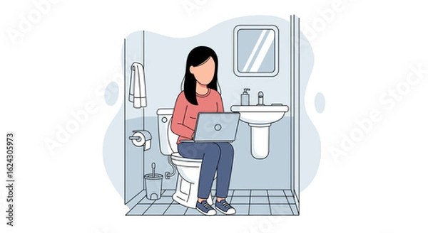 Fototapeta Woman working on laptop in bathroom - Illustration for articles about work-life balance or remote work challenges.