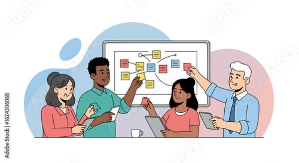 Fototapeta Diverse team brainstorming with sticky notes on whiteboard - perfect for project management or teamwork landing pages.