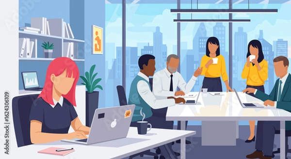 Fototapeta Diverse team collaborating in a modern office, perfect for illustrating teamwork, productivity, and modern workplace concepts.