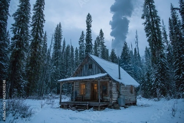 Obraz Rustic cabin in snowy forest at dusk
