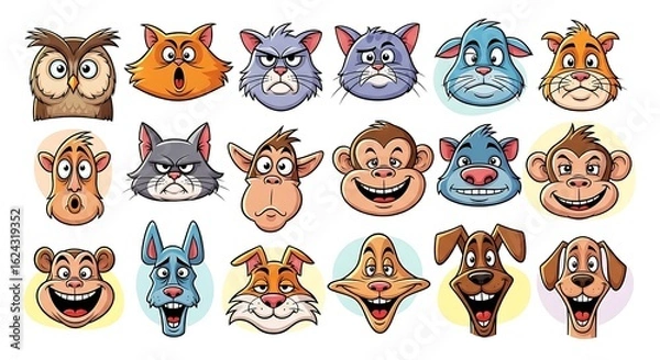 Fototapeta A set of cute, colorful, stylized animal head icons, including a tiger, lion, and bear.