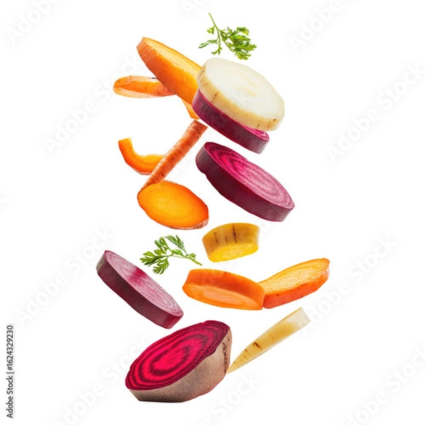 Obraz Freshly chopped root vegetables falling isolated on transparent background