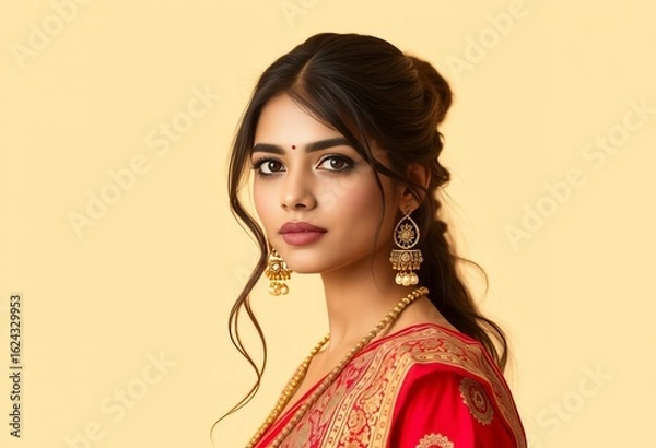 Fototapeta Beautiful indian woman in traditional saree and gold jewelry portrait for fashion and culture ads
