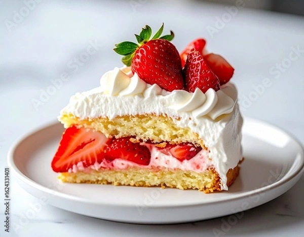 Obraz Strawberry Shortcake Slice on White Background