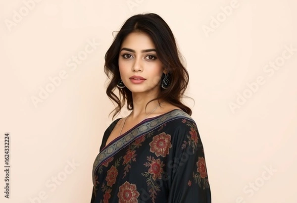 Fototapeta Portrait of beautiful indian woman in traditional saree elegant fashion photoshoot and jewelry style