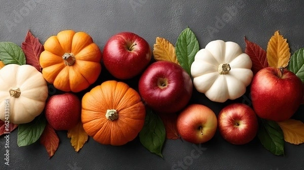 Fototapeta A vibrant arrangement of pumpkins and apples set against a dark background, complemented by colorful autumn leaves.