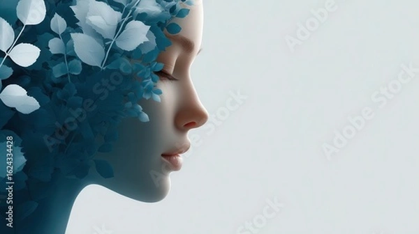 Fototapeta A serene profile of a woman with a floral design merging into her hair, symbolizing the connection between nature and humanity.