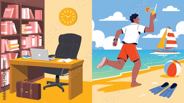 Fototapeta Office to Beach Man Running from Desk with Laptop, Books to Cocktail and Sailboat