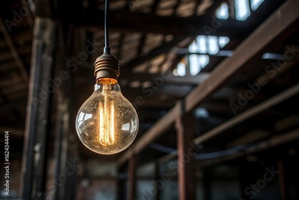 Fototapeta Bulb Glowing Vintage Incandescent in Rustic Industrial Space