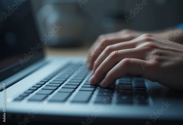 Obraz Close up view of human hands typing on a laptop keyboard in a dimly lit environment