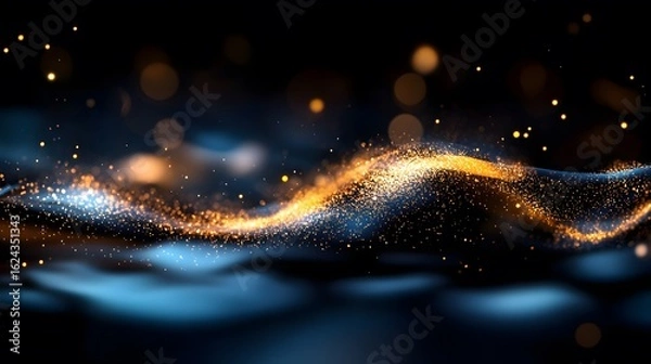 Obraz Golden particle stream flowing over a blue surface against a dar