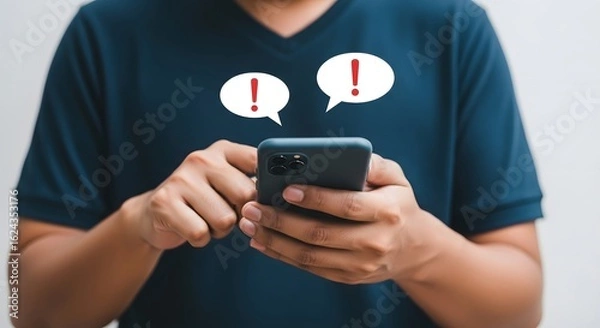 Fototapeta Mobile phone error notification alert concept, man holding smartphone with exclamation mark