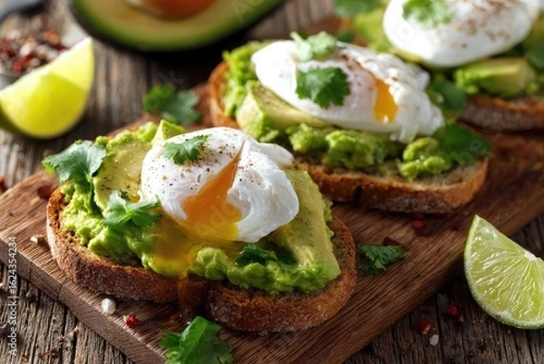 Fototapeta Avocado toast with poached eggs