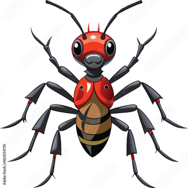 Fototapeta Cartoon red and brown ant with black segmented legs and antennae insect illustration