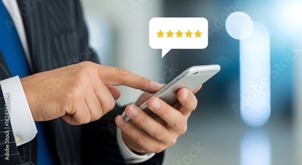 Fototapeta Online review and rating: man using phone to give five star feedback